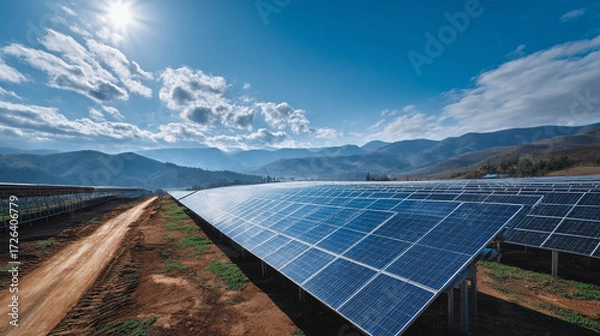 Fototapeta Large solar panel farm under bright sky with mountain view.