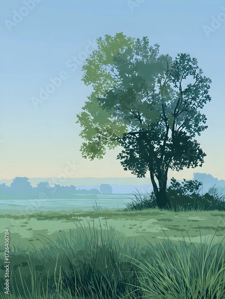 Fototapeta Serene Landscape Illustration A Tranquil Depiction of a Tree Amidst Lush Fields and Soft Hues of Nature's Beauty