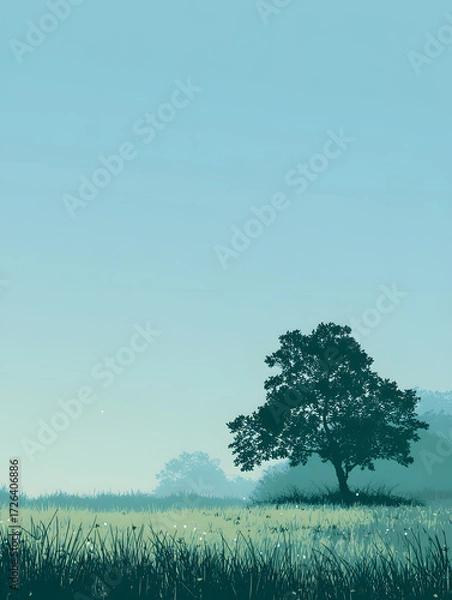 Fototapeta Serene Landscape Depicting a Lone Tree in a Tranquil Field, Evoking Peace and Solitude in Nature