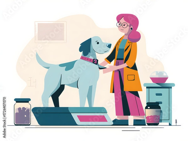 Fototapeta Veterinarian weighing a dog in an office setting, an illustration for pet healthcare and wellbeing