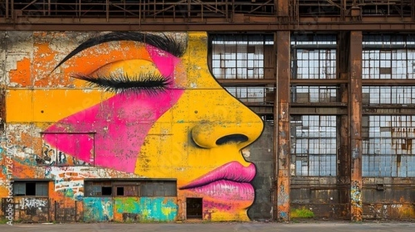 Fototapeta Vibrant mural of a woman's face adorns a weathered industrial building.  Colorful abstract design contrasts with the decaying structure, showing a blend of art and urban decay
