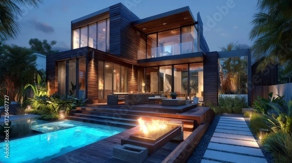 Obraz A minimalistic workspace with a white desk, metallic laptop, silver pen,