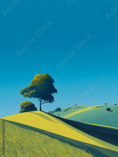 Fototapeta Serene Landscape A Digital Art Illustration of a Verdant Hillside and a Tree Under a Bright Blue Sky