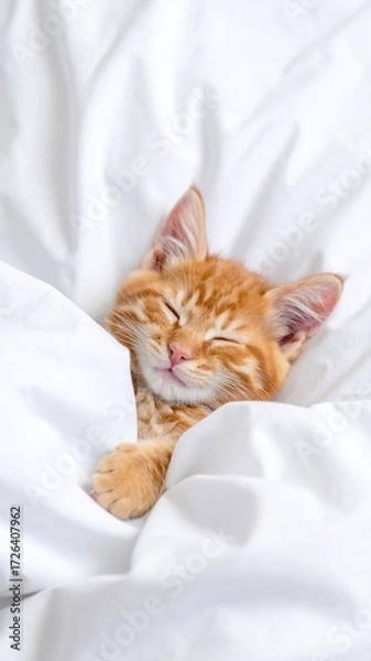 Fototapeta A ginger kitten nestled in white sheets