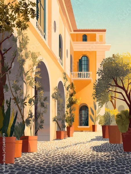 Fototapeta Vector illustration of a spacious luxury villa with a sunny courtyard filled with plants and a cobblestone path
