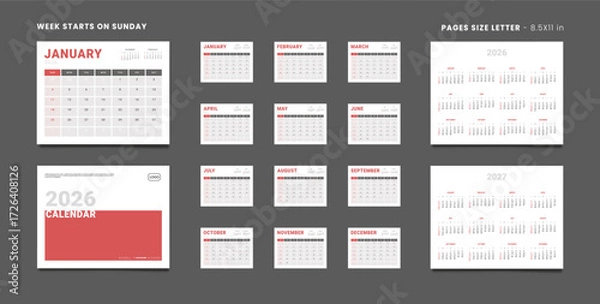 Fototapeta 2026 Calendar Planner Set of Template Monthly Page, Cover with Place for Photo, Company Logo, Annual 2026-2027. Vector layout of wall or desk Calendar in print. Week start Sunday. Page Letter 8.5x11in