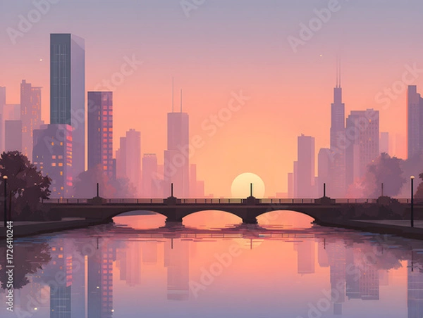 Fototapeta Cityscape Reflection A Serene Sunset Over a Modern Metropolis, Perfect for Desktop Wallpaper