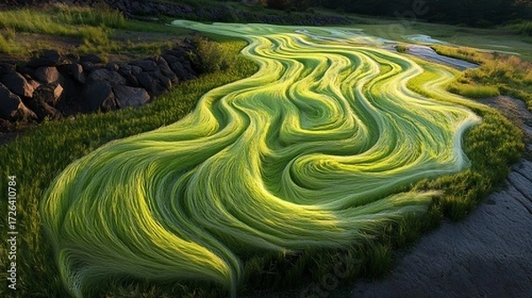 Fototapeta Winding green flow through grass fields, creating abstract natural river art