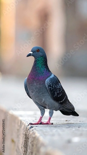 Fototapeta A city pigeon stands on a low stone wall, its iridescent feathers shimmering