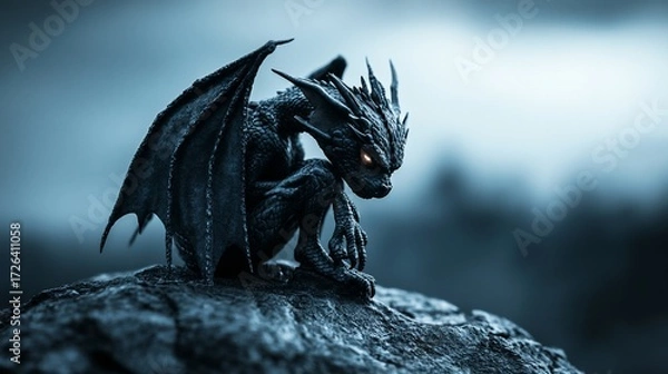 Fototapeta Winged gargoyle perches on a stone, eyes gleaming, in a dark, moody outdoor scene
