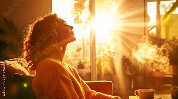 Fototapeta Woman basks in sunlight streaming through a window indoors, facing upwards in golden light