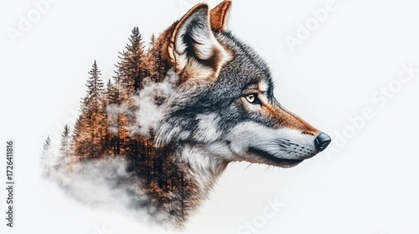 Fototapeta Wolf profile merged with pine forest landscape, misty, majestic, wilderness animal