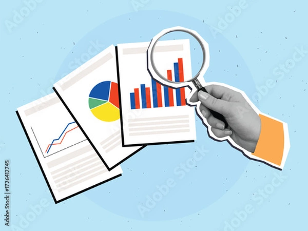 Fototapeta A person looking at documents with graphs and diagrams through a magnifying glass. Modern collage style. Vector illustration