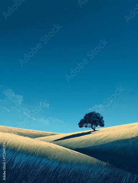 Fototapeta Serene Solitary Oak Tree Standing Tall Amidst Rolling Golden Grasslands Under a Vast Expansive Azure Sky Evoking Peace Tranquility and Timeless Natural Beauty a Captivating Landscape