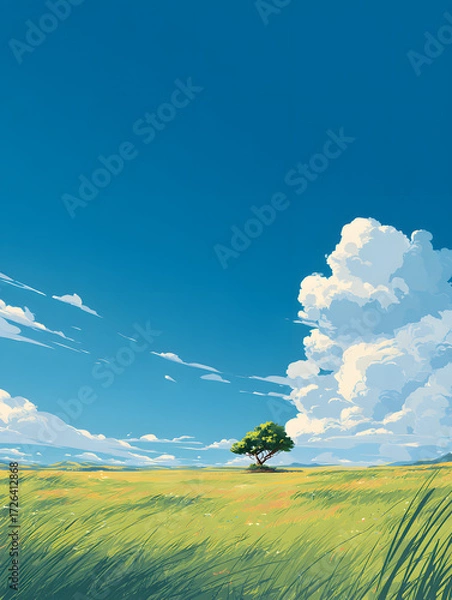Fototapeta A vibrant illustration of a solitary tree standing in a field, embraced by a bright blue sky and fluffy clouds