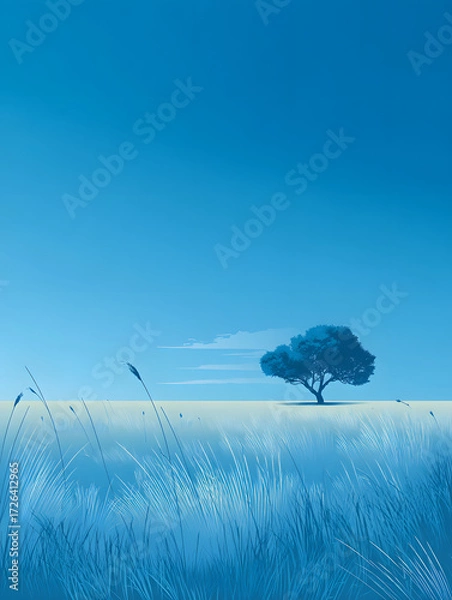 Fototapeta A solitary, stylized tree stands majestically in a field of swaying grass under a clear, tranquil blue sky, evoking a sense of peace and natural beauty