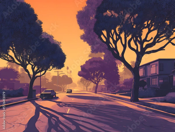 Fototapeta Vector illustration of a wide sunset boulevard with trees casting long shadows, perfect for a serene atmosphere