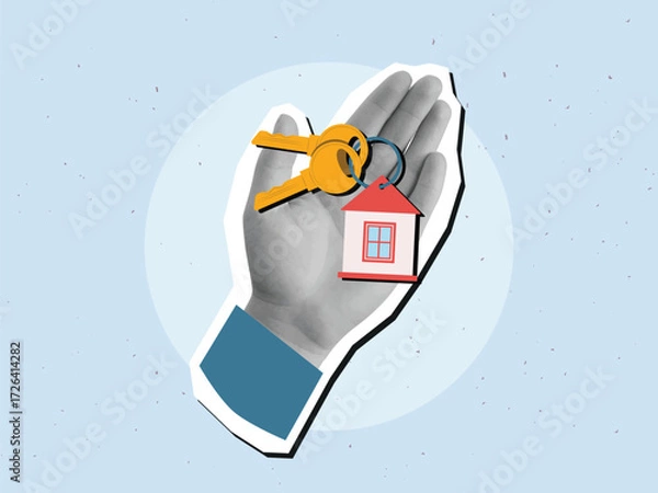 Fototapeta A hand holds a bunch of two keys with a keychain in the shape of a house. Keys to the apartment. Modern collage style. Vector illustration