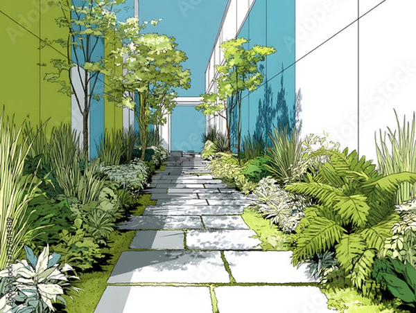 Fototapeta Vector illustration of an alley converted into a lush garden, showcasing a serene urban oasis for peaceful reflection and retreat