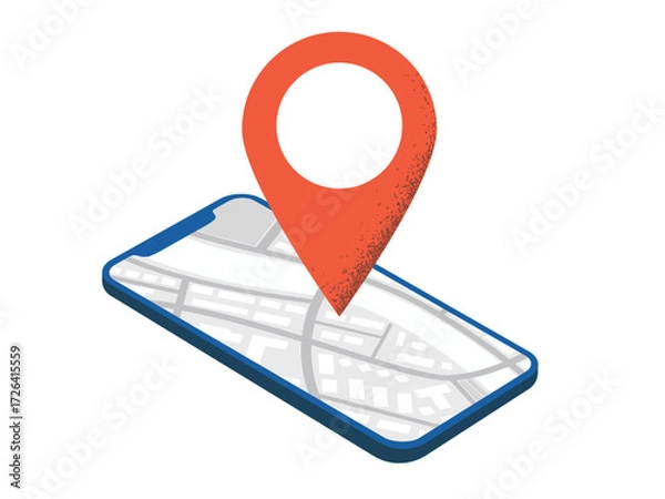 Fototapeta Red location mark on a map on phone screen. Flat vector illustration isolated on white background