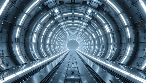 Fototapeta Elegant Alien Hangar Tunnel with Futuristic Silver Gray Cyberpunk Hallway Background for Sci-Fi Reveal Designs