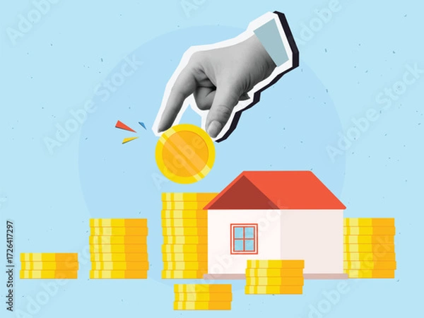 Fototapeta A hand places a golden coin on top of a stack near a small house. Real estate value and investment concept. Modern collage style. Vector illustration