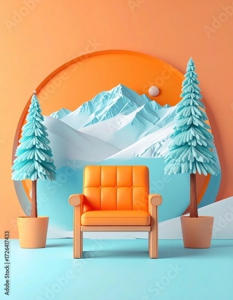 Fototapeta Minimalist scene of an orange armchair in front of a winter landscape