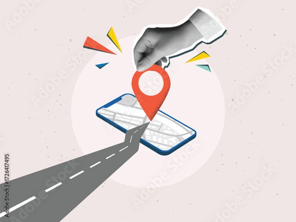 Fototapeta Black and white hand puts a red location pin in the end of an asphalt road on a phone screen. Destination mark on a smartphone. Modern photo collage style. Vector illustration