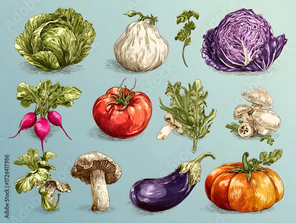 Fototapeta A vibrant collection of various fresh vegetables and greens. Including Cabbage, Radish, Pumpkin, and other healthy farm-fresh produce