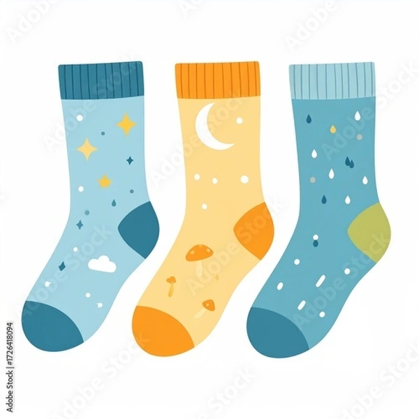 Fototapeta Three pairs of colorful children's socks with nature-inspired patterns