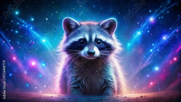 Fototapeta A Curious Raccoon Gazes into a Cosmic Nightscape of Vibrant Nebulae and Sparkling Stars