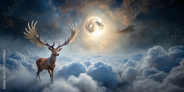 Fototapeta Majestic Stag with Winged Antlers Soaring Above a Dreamlike Cloudscape Under a Serene Moon