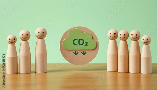 Fototapeta Group of wooden figures with a green C O2 cloud symbol indicating emission reduction carbon dioxide decrease