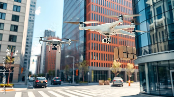 Fototapeta Modern urban scenes depict drone delivery services, highlighting the efficiency of unmanned aerial vehicles transporting packages.