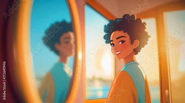 Fototapeta A person stands in front of a mirror at sunset, smiling at their reflection with joy and acceptance of their true self by the seaside