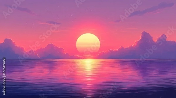 Fototapeta A scene of the sunrise over a calm ocean, soft light flooding the horizon, symbolizing the beginning of the journey to happiness.