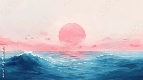 Fototapeta Soft hues of light illuminate the horizon as a sun rises over a serene ocean, evoking feelings of hope and the promise of a joyful journey.