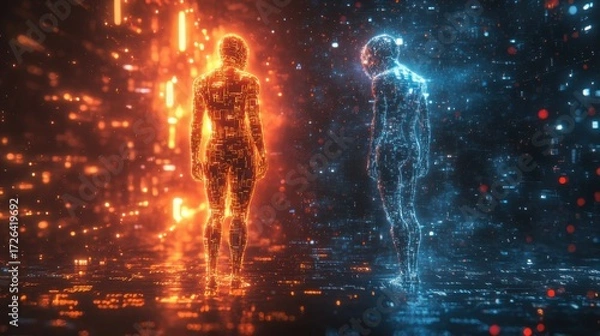 Fototapeta A dynamic showdown between human strength and AI intelligence in a neon digital arena illuminated by vibrant circuits and binary code