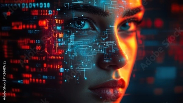 Fototapeta In a neon-lit digital arena, a confident human faces a sleek AI counterpart, symbolizing the clash of strength and technology amidst glowing circuits.