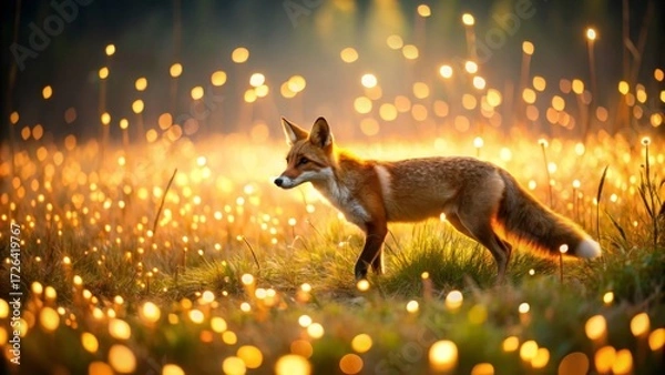 Fototapeta A red fox gracefully walks through a field of glowing plants at sunset, its fur illuminated by the magical golden light