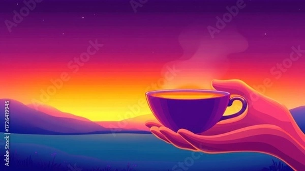 Fototapeta Close-up of a hand holding a cup of hot tea. Steam rises, creating a feeling of warmth and calmness