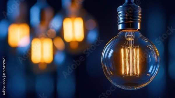 Fototapeta A close-up view of a glowing light bulb with visible filament, suspended against a dark background, creating a warm ambiance in an elegant setting