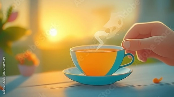 Fototapeta A close-up view of a hand holding a steaming cup of hot tea by a sunny window, capturing the essence of warmth and tranquility during a peaceful morning