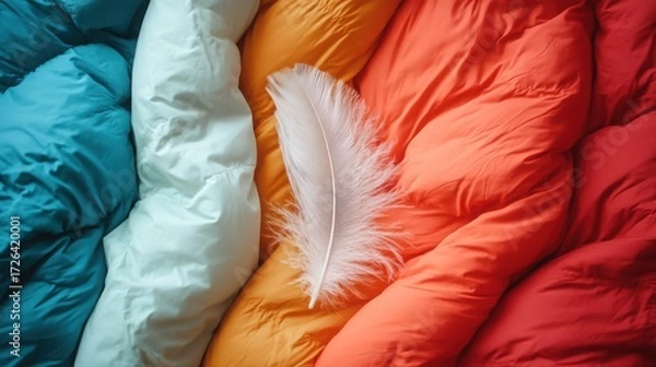 Fototapeta A vibrant background contrasts with a filled down jacket featuring a striking white feather in the center, showcasing a unique textile art piece