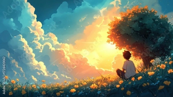 Fototapeta A man hugs a tree, surrounded by a colorful garden as the sun sets, symbolizing his deep gratitude for nature and a connection to the earth.