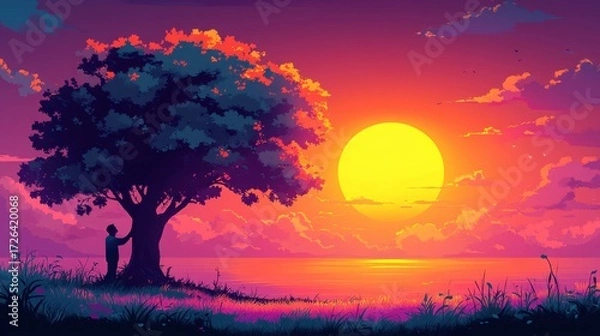 Fototapeta A man hugs a tree, surrounded by a colorful garden as the sun sets, symbolizing his deep gratitude for nature and a connection to the earth.