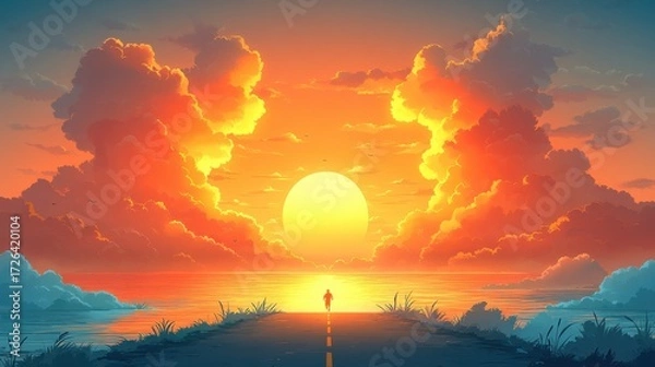 Fototapeta A man runs along a winding road toward the horizon, chasing dreams under a vibrant sunset with mountains in the distance