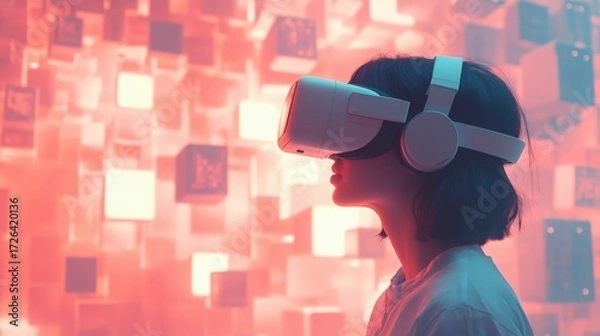 Fototapeta A person immerses in an interactive learning environment with a virtual reality headset, exploring floating digital elements in a modern educational space