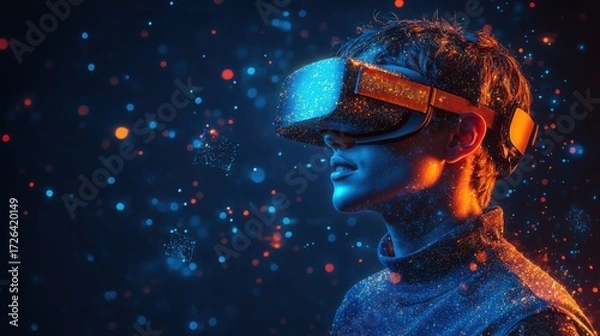 Fototapeta Wearing a virtual reality headset, an individual experiences interactive education in a dynamic digital space filled with vibrant, floating elements and soft colors.