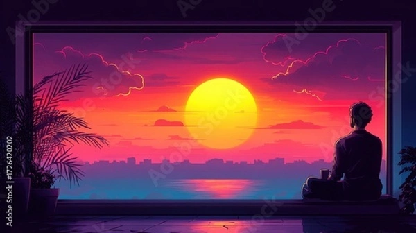 Fototapeta Sitting by the window, a man savors coffee and admires the breathtaking sunrise, feeling a deep sense of gratitude and tranquility as the day begins.